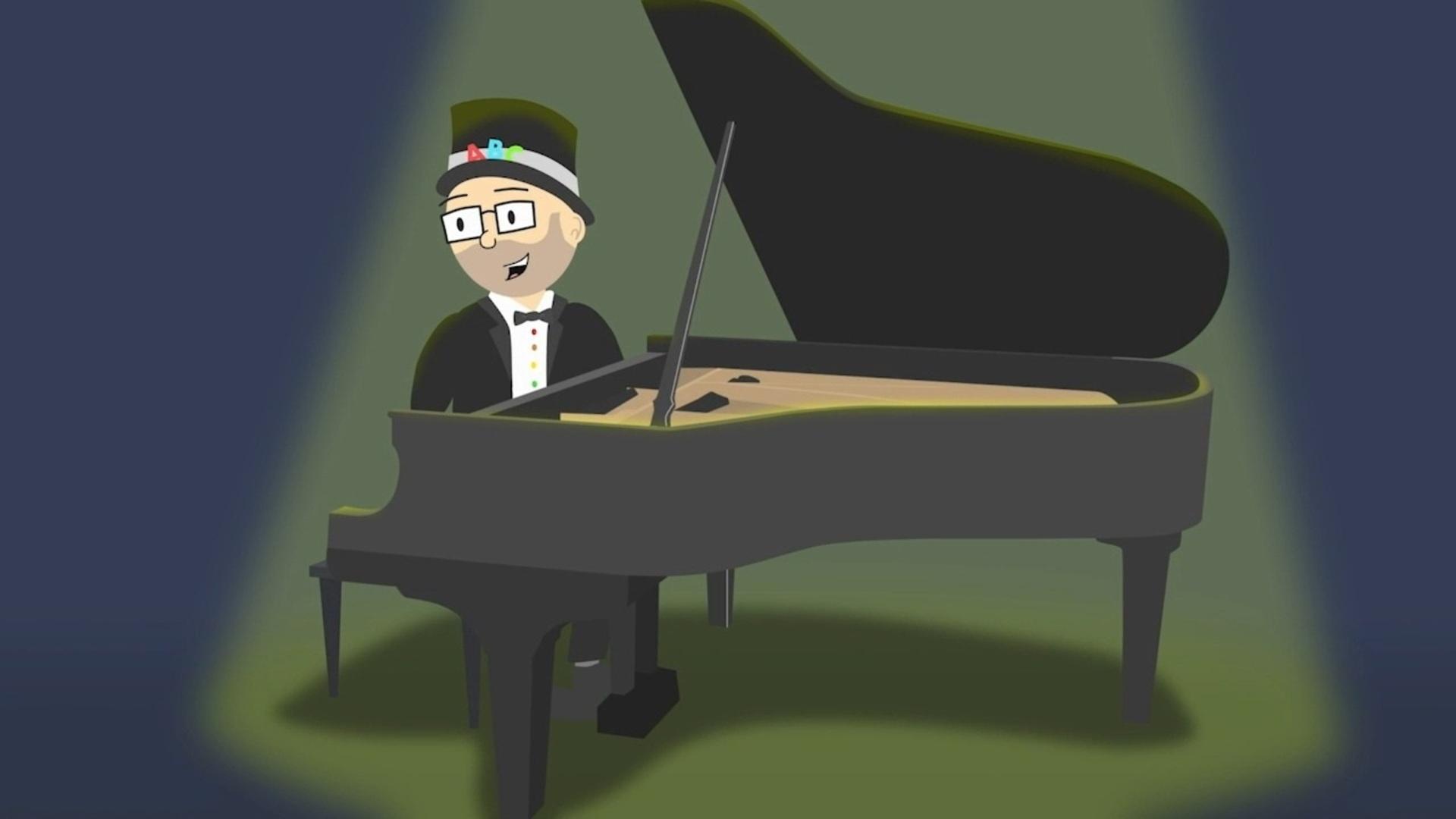 A cartoon man in a top hat sits behind a grand piano under a spotlight.