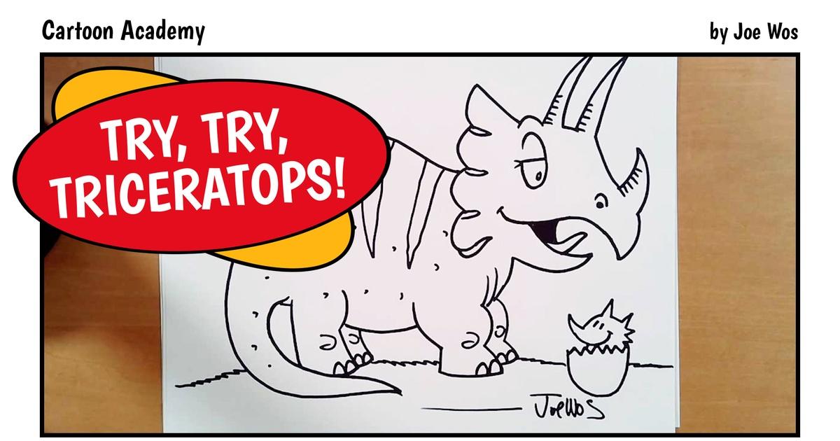 A picture of a black-and-white drawn triceratops behind a red and yellow graphic.