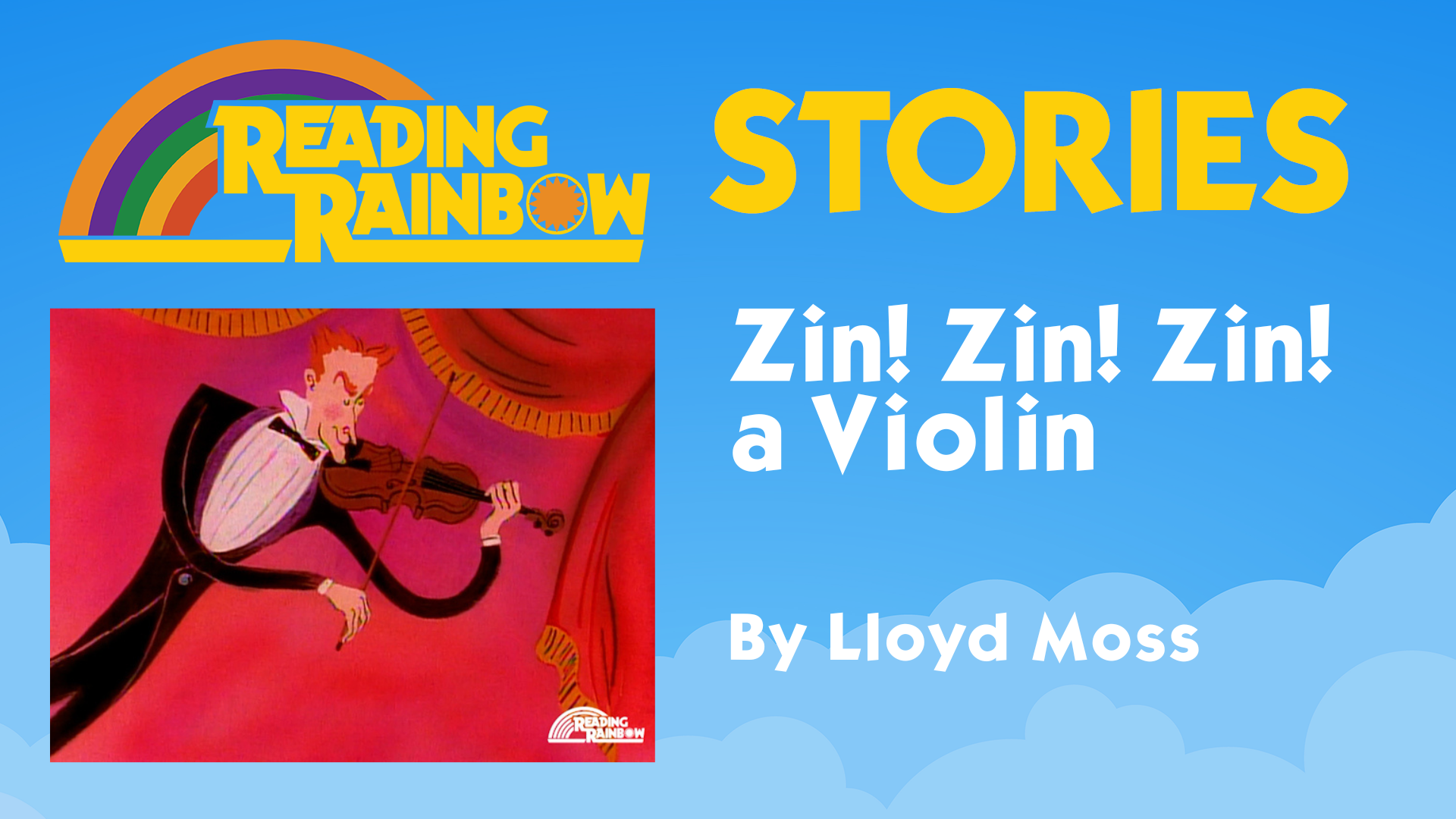 A graphic with a blue background and the cover of a children's book with a violin player against a red background.