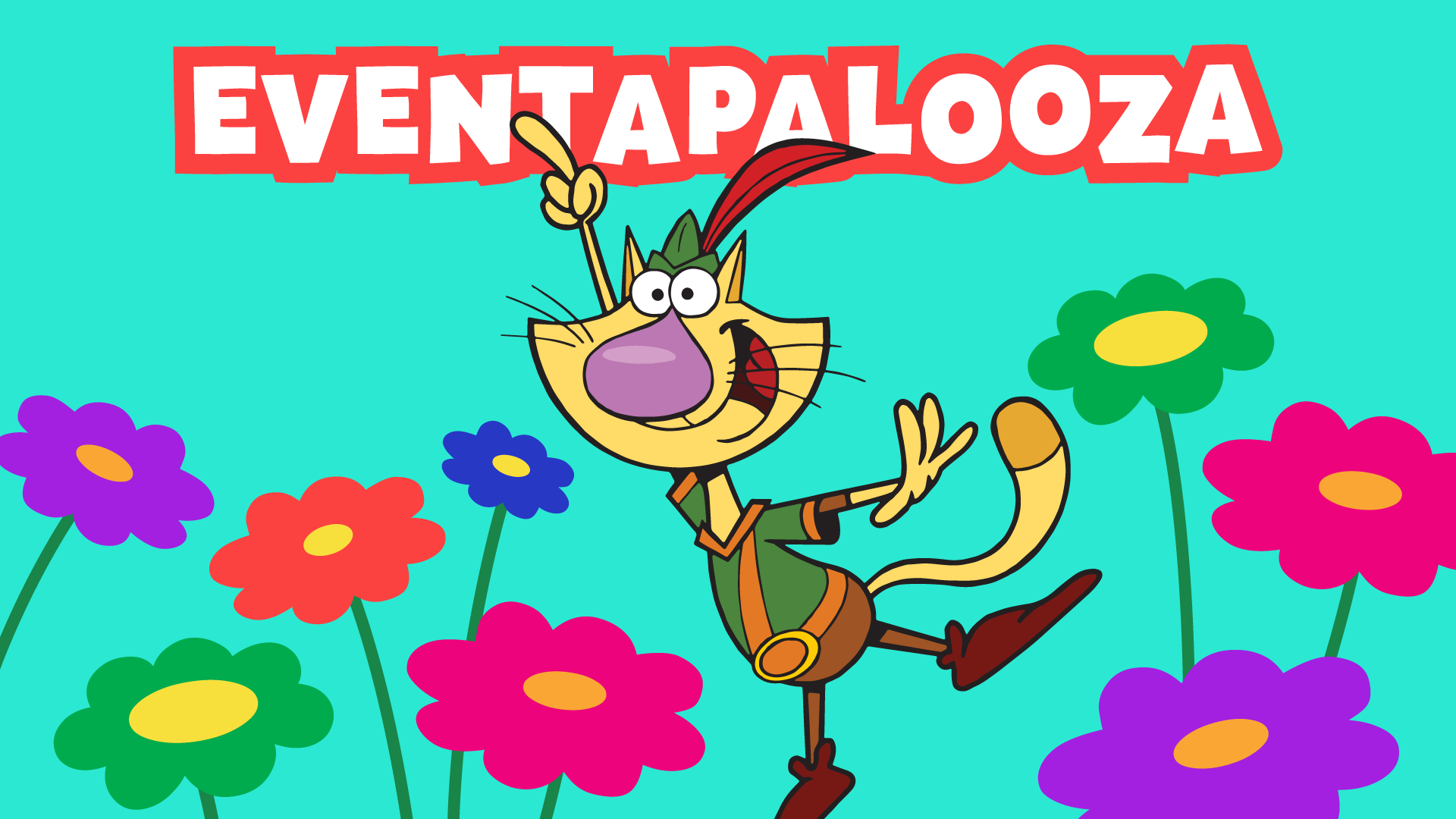 Nature Cat leaping in the air surrounded by colorful flowers.