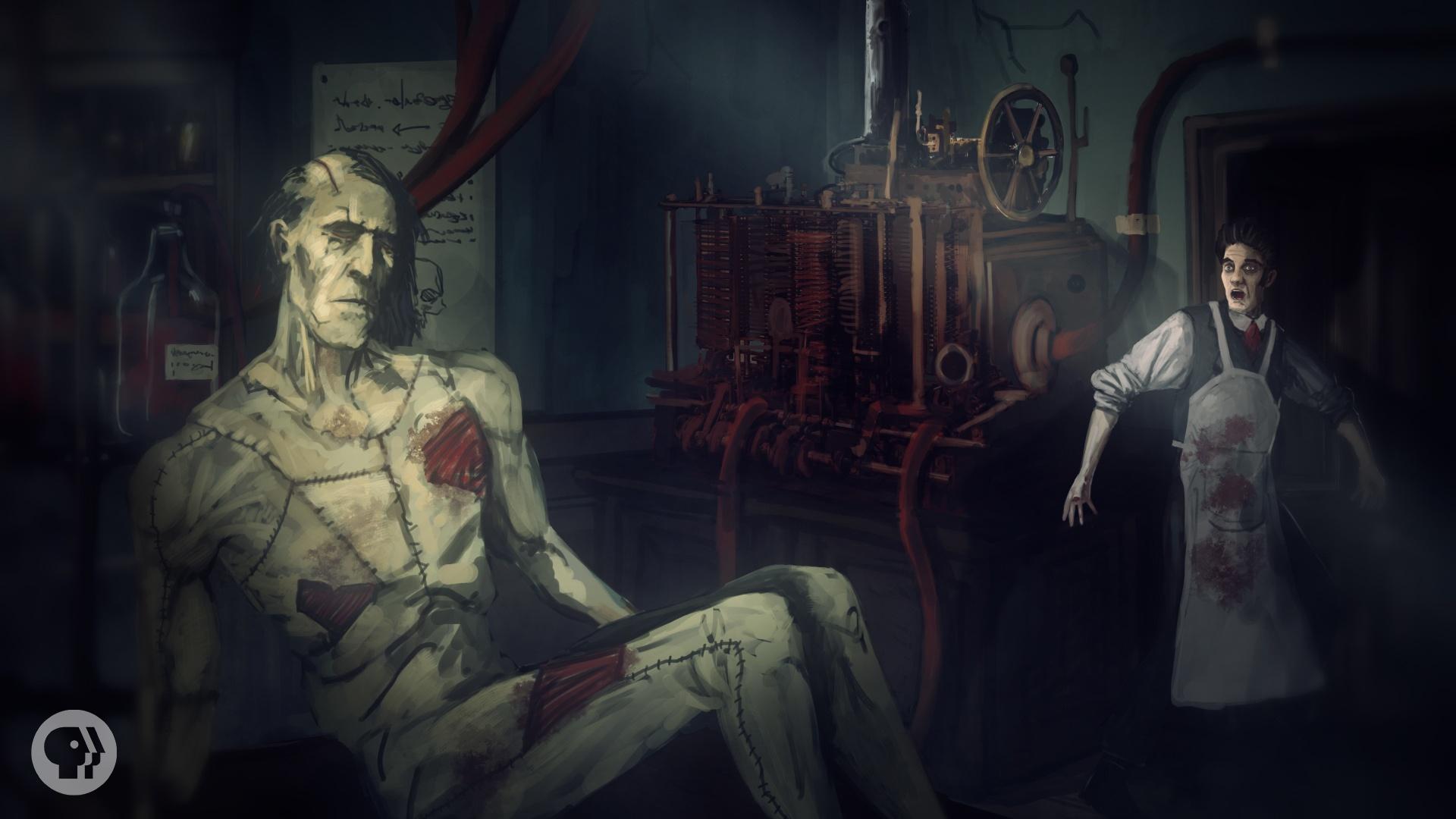 A graphic of a monster in the forefront and the scientist, Frankenstein, in a white apron in the background.