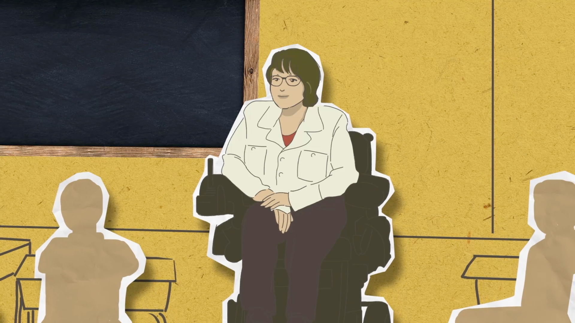 A cartoon graphic of a White woman in a white shirt sitting on a wheelchair.