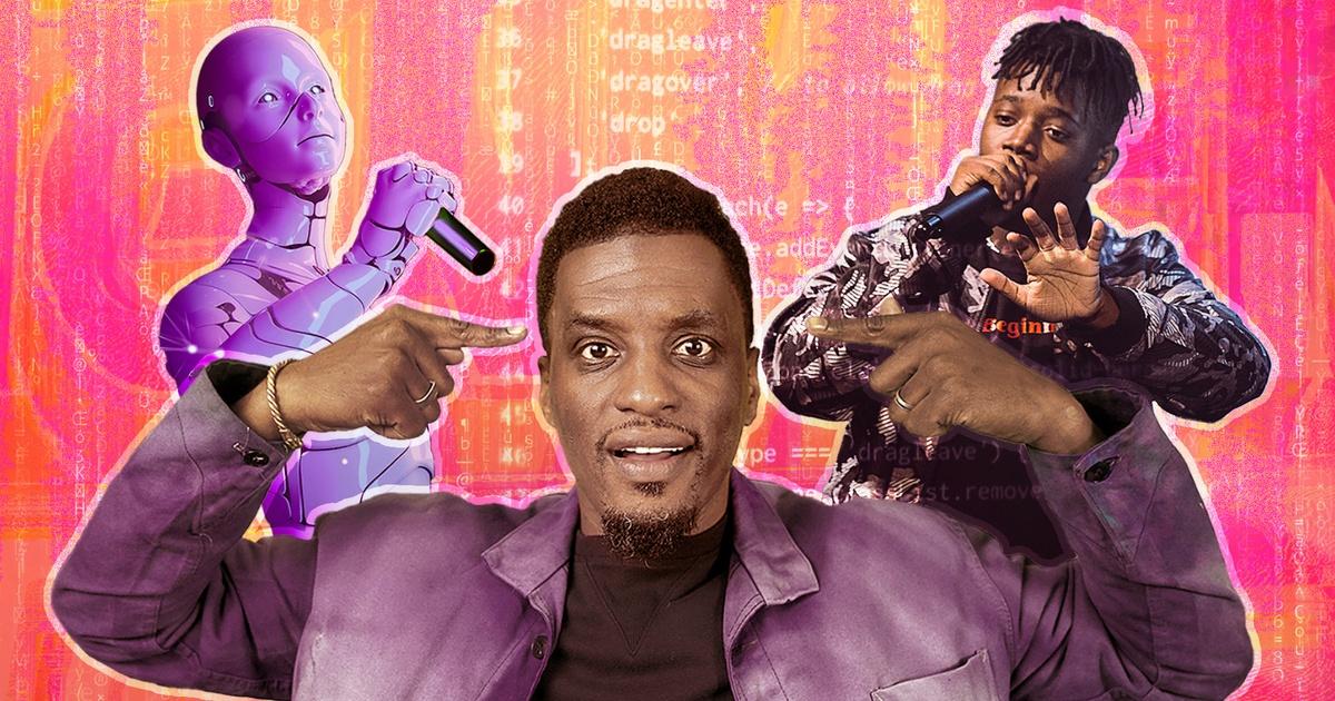 A black man in a purple jacket points to either side of his head in front of a background with graphics.