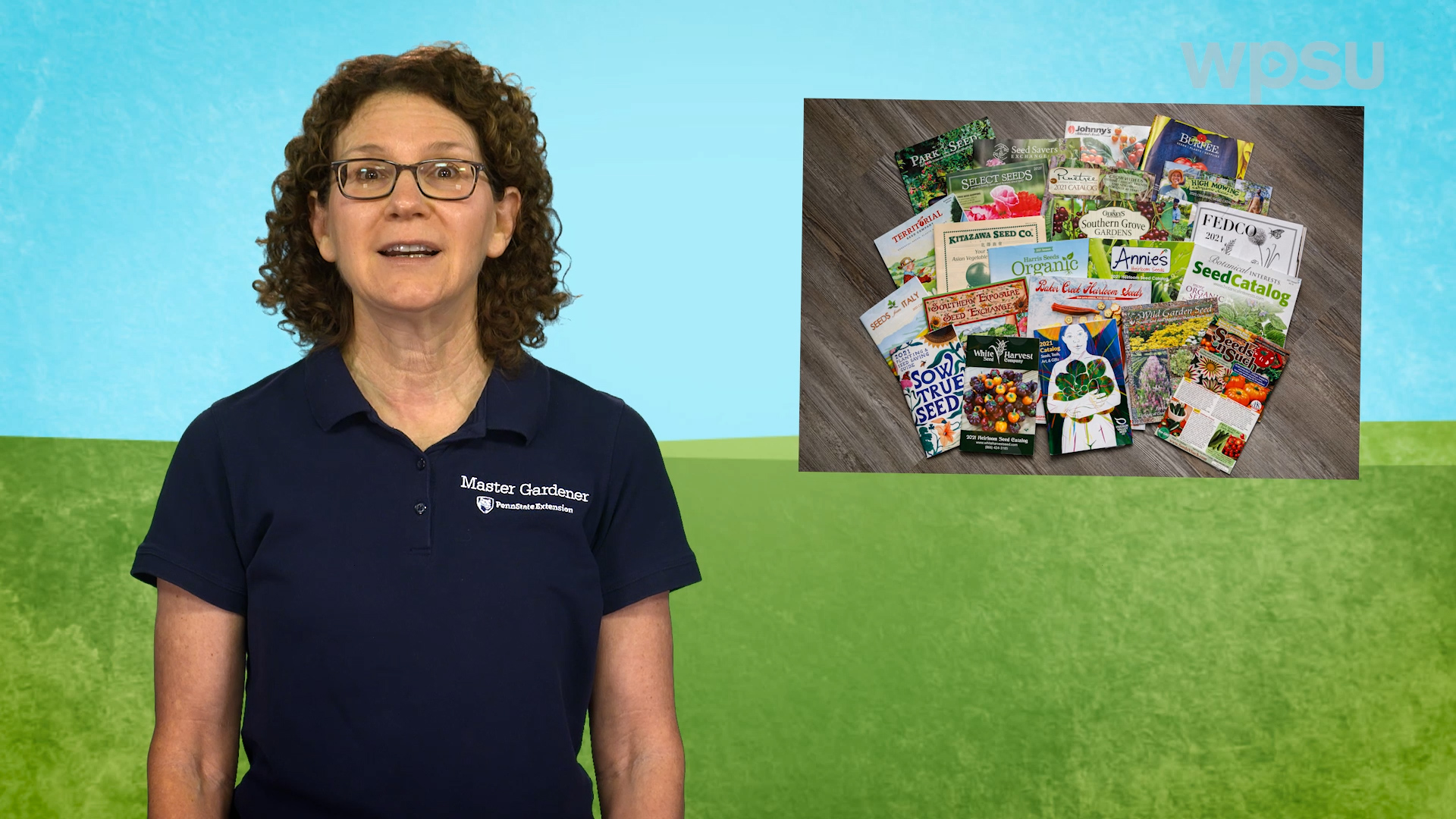 Lisa Schneider from Penn State extension standing before a green and blue background with a hovering photograph of seed catalogs for gardening.