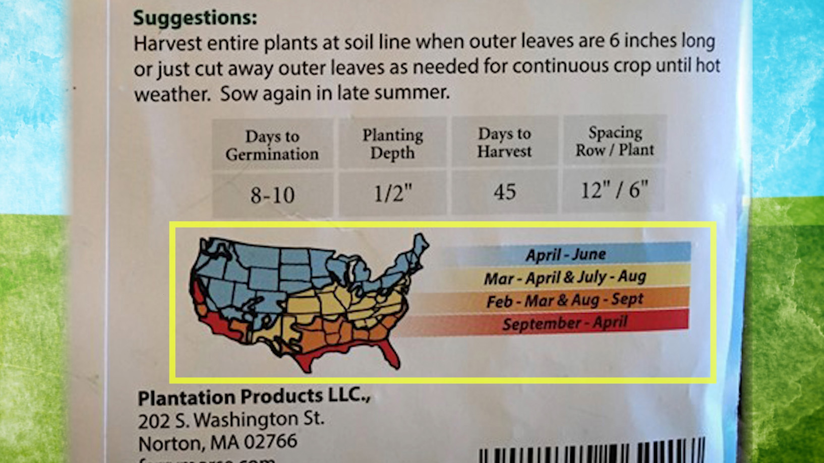 The back of a seed packet with a map of the United States highlighted with a yellow rectangle.