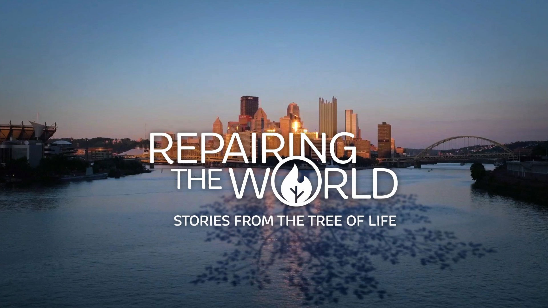 City building along a river at sunset with text overlay 'Repairing the World, Stories from the Tree of Life'.