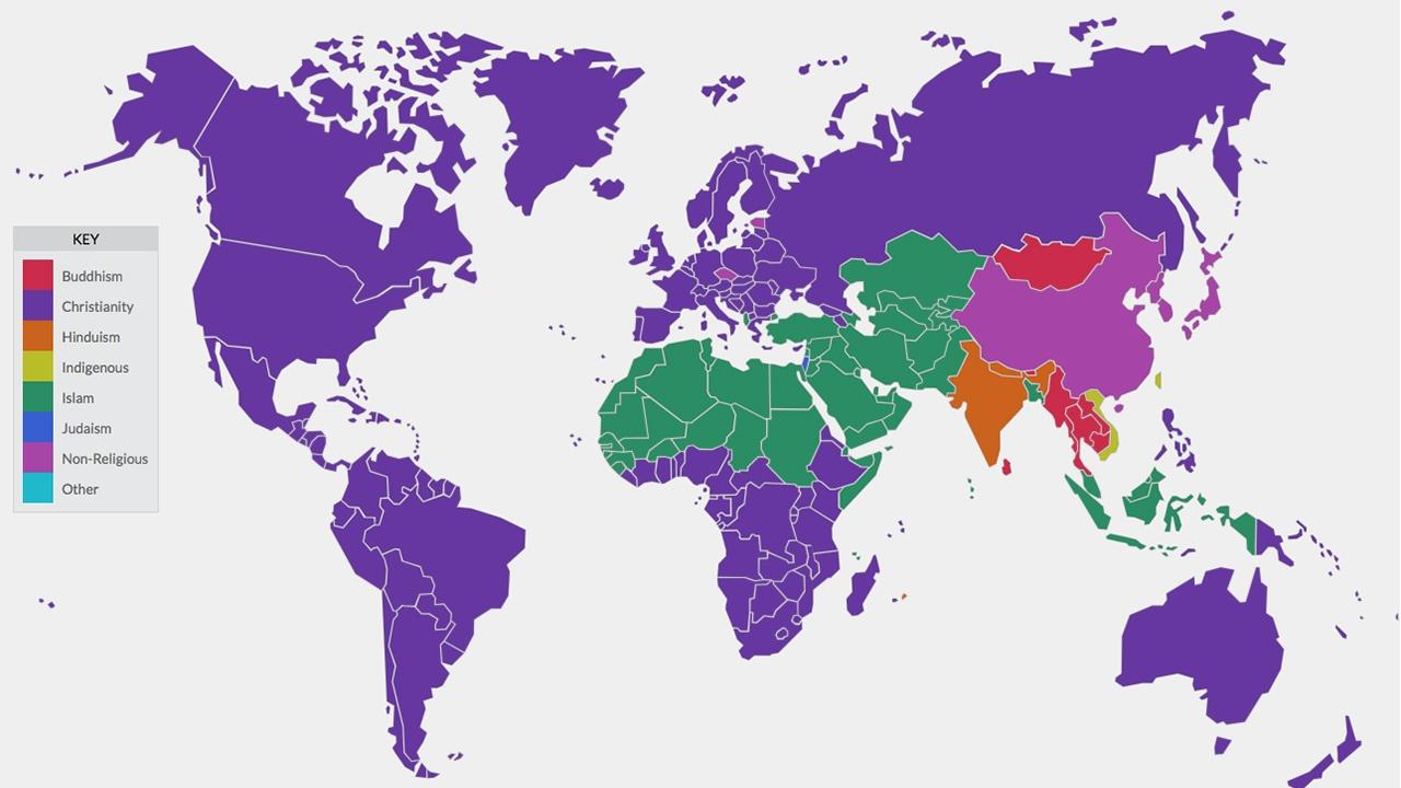 world map highlighting countries in different colors based on dominant religion in those areas with Christianity the most common.