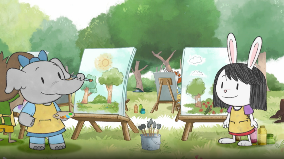 Cartoon characters from Elinor Wonders Why painting pictures of trees on an easel.