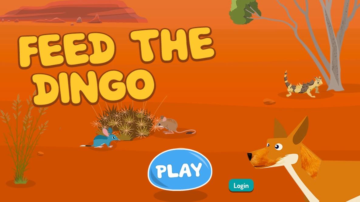 Illustration of the Australian Outback with text that reads 'Feed the Dingo' and a blue 'Play' button.