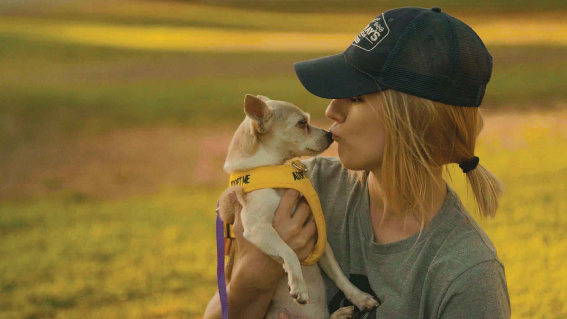 Woman wearing a ball cap kissing a small dog.