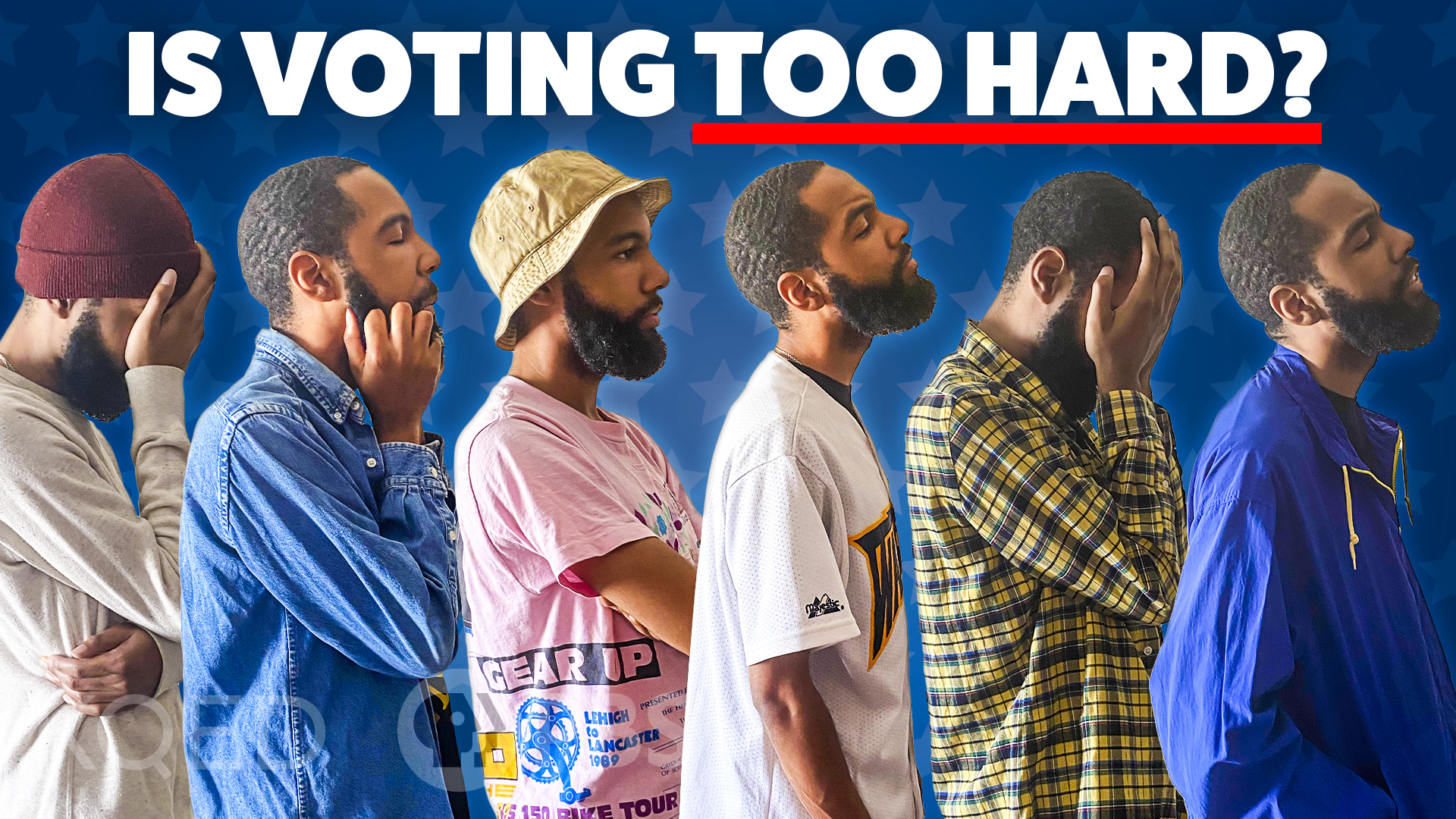Various images of the same man looking frustrated accompanied by text that reads 'Is Voting Too Hard?'.