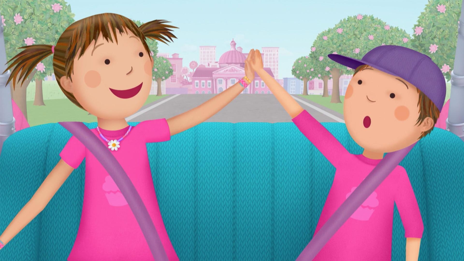 PBS Kids characters Pinkalicious and Peterrific giving each other a high five in the back seat of a car.