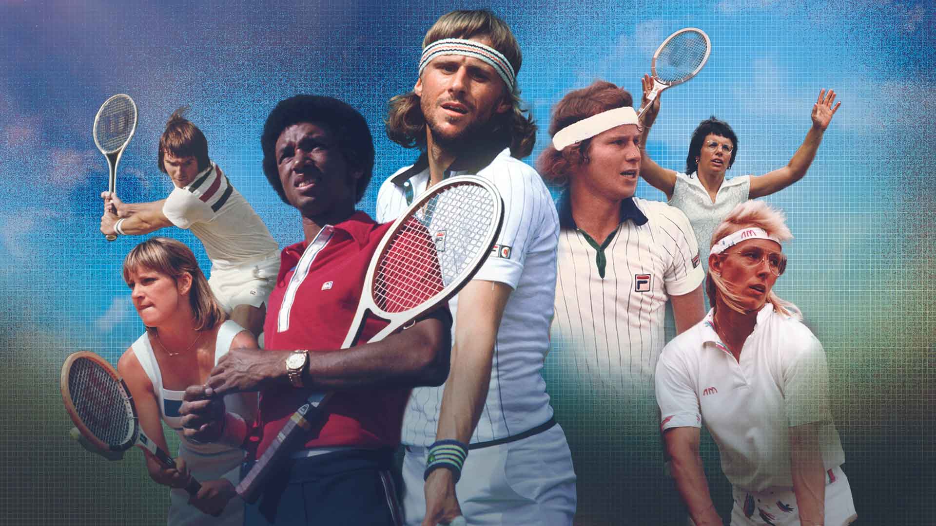 Collage of famous tennis players including Bjorn Borg, Arthur Ashe, Billy Jean King, John McEnroe, Martina Navratilova, and others.