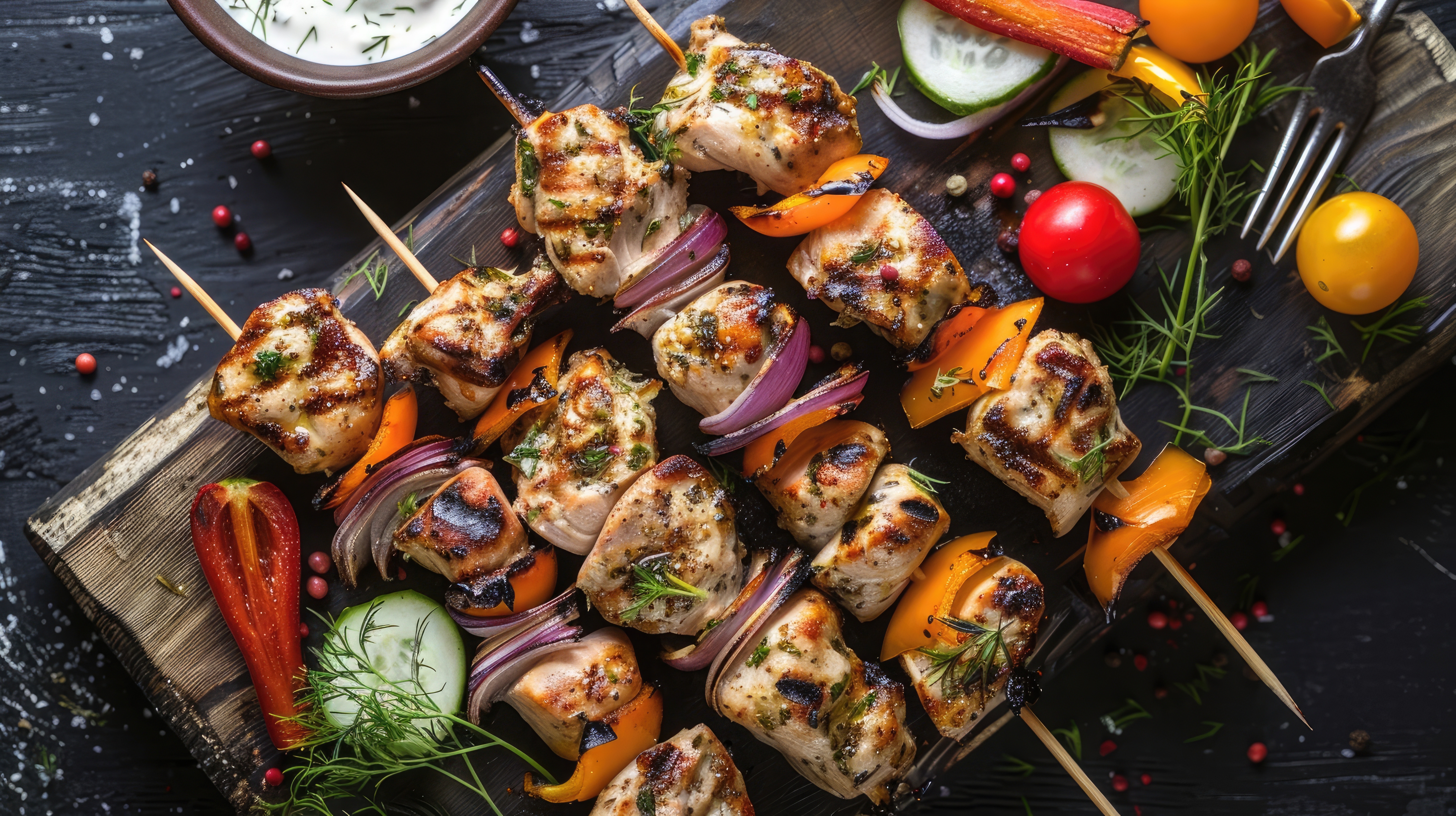 Greek chicken souvlaki with tzatziki sauce and fresh vegetables, grilled kebabs.