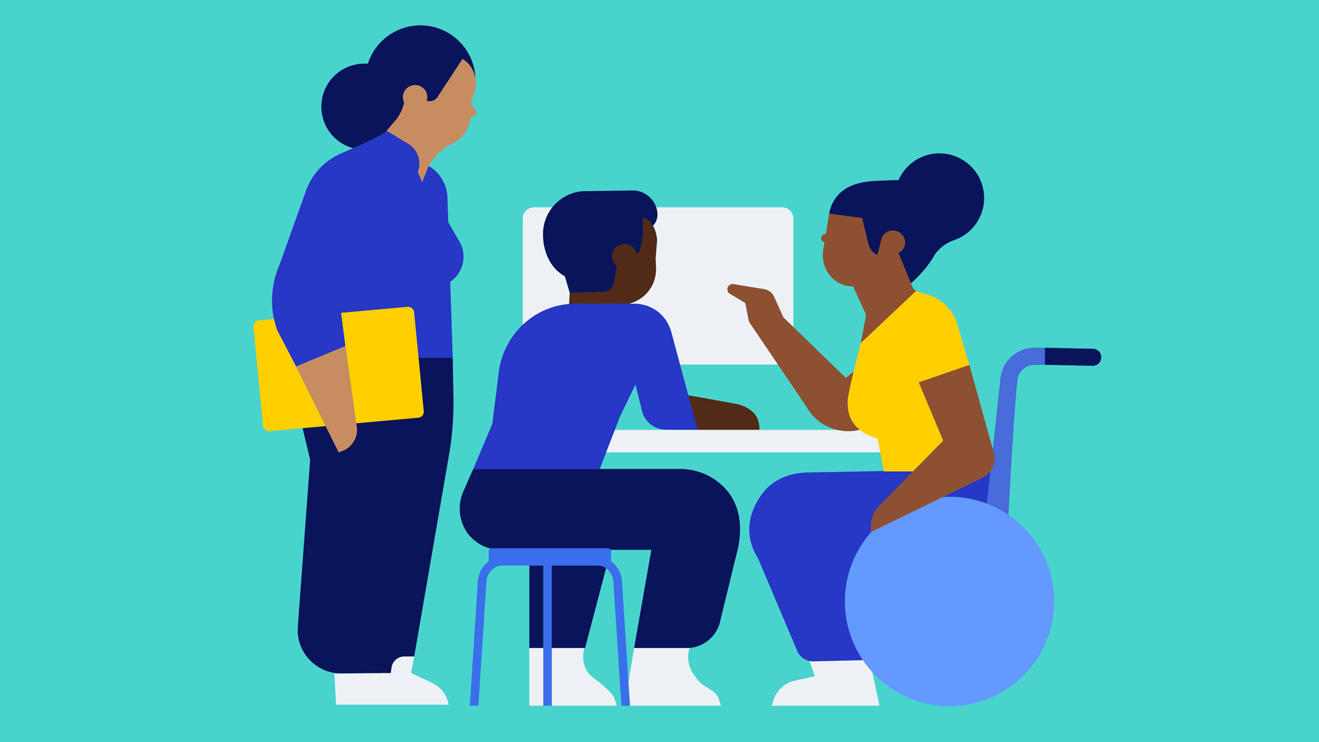 Illustration of diverse group of adults collaborating at a desktop computer.