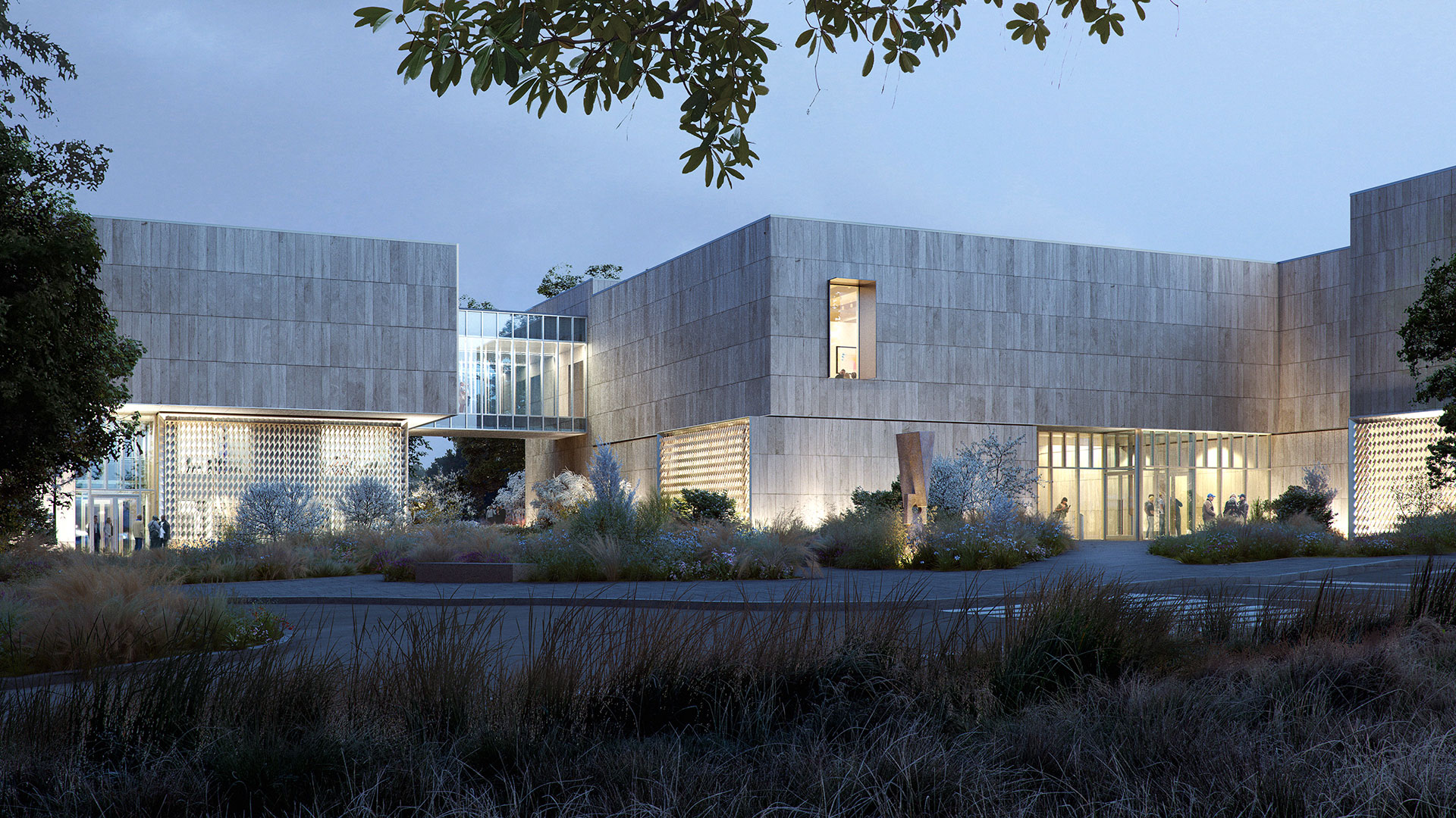 View of main entry plaza of the new Palmer Museum at dusk.