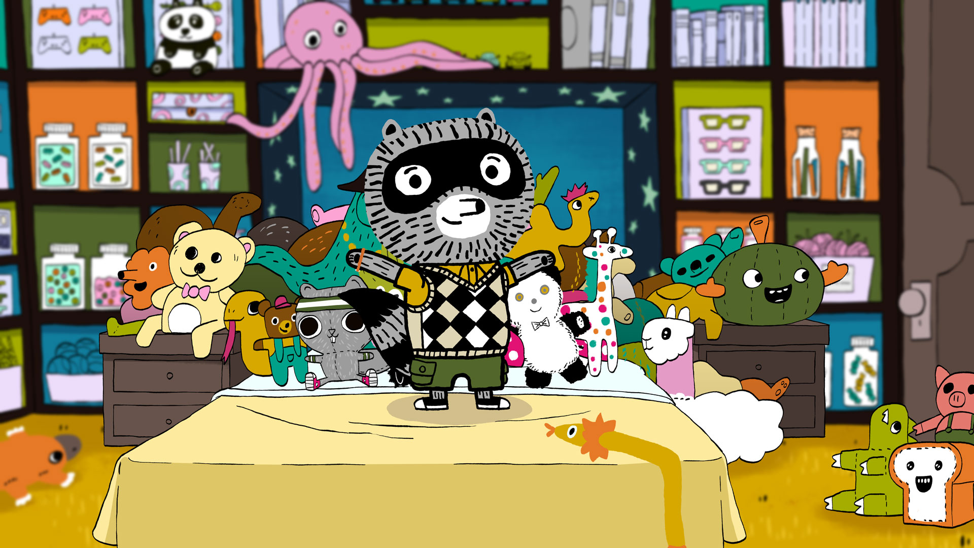 Cartoon raccoon in a sweater vest standing on a bed surrounded by a collection of stuffed animals.