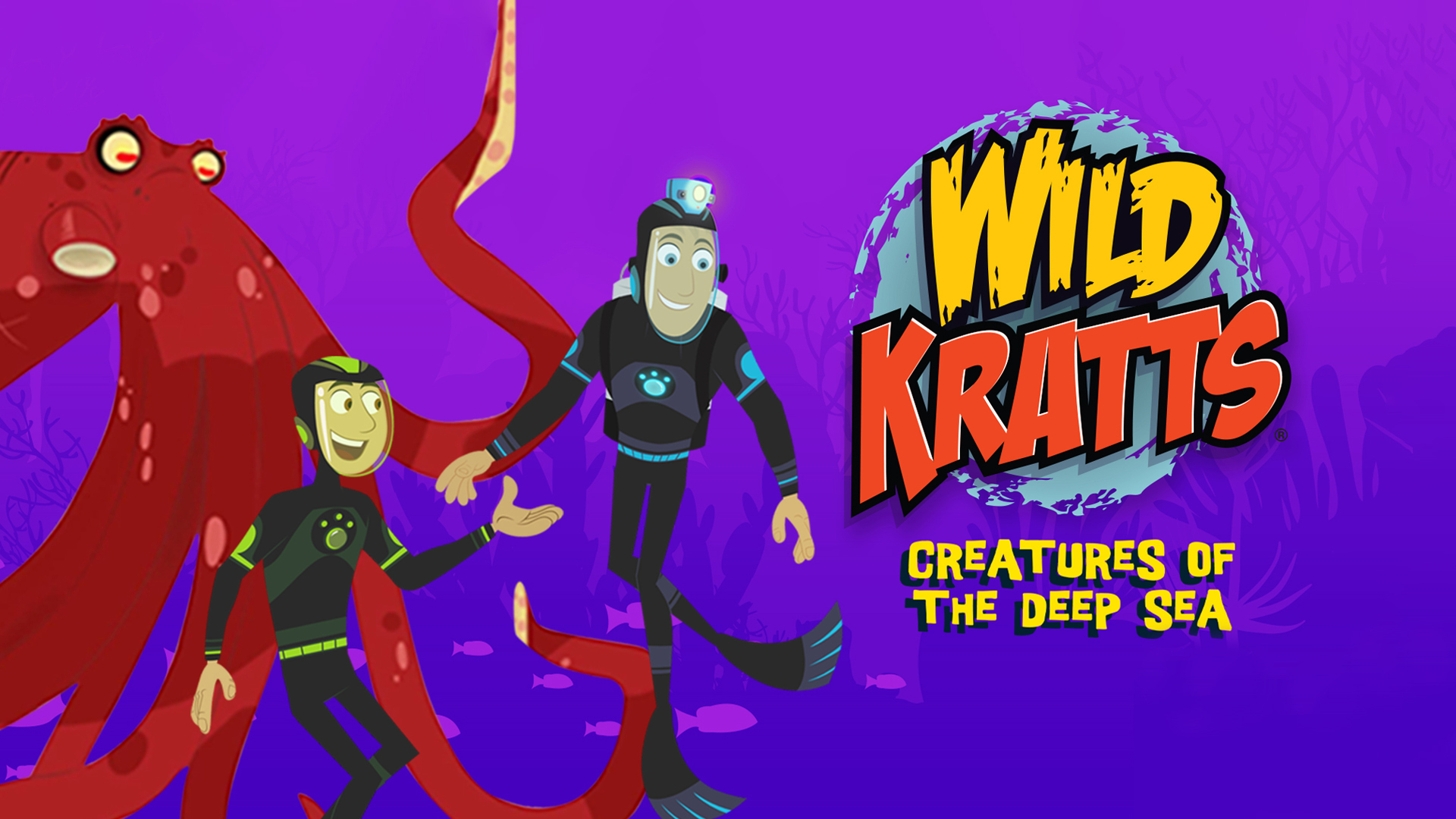 Characters from Wild Kratts in scuba gear and a red octopus.