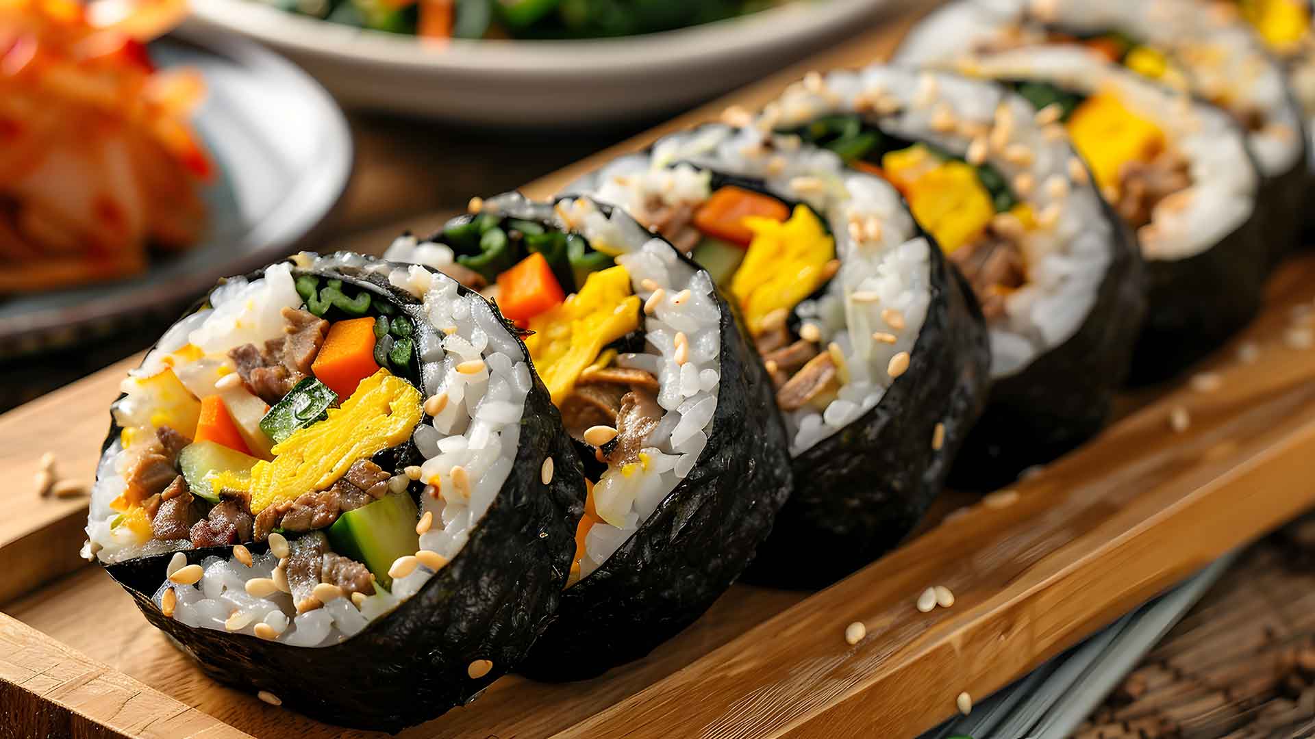 Kimbap rolls cut and layered on a cutting board.