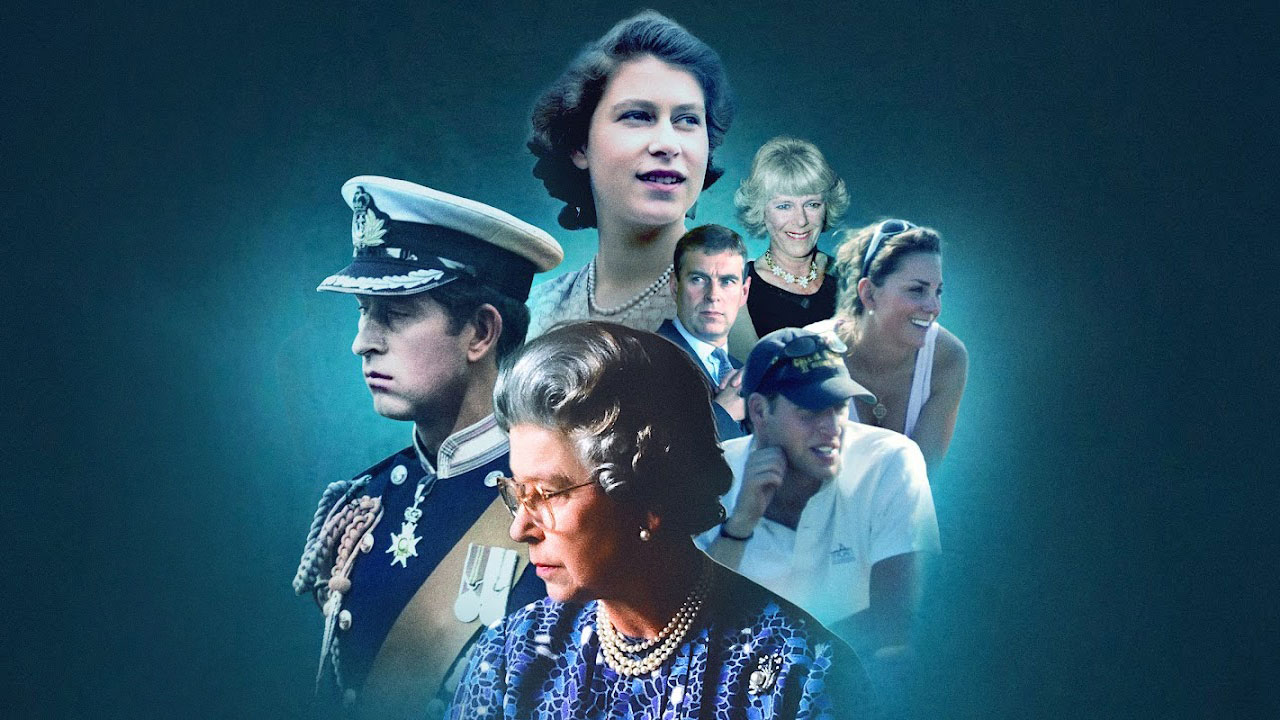 Collage of British royal family members on blue background.