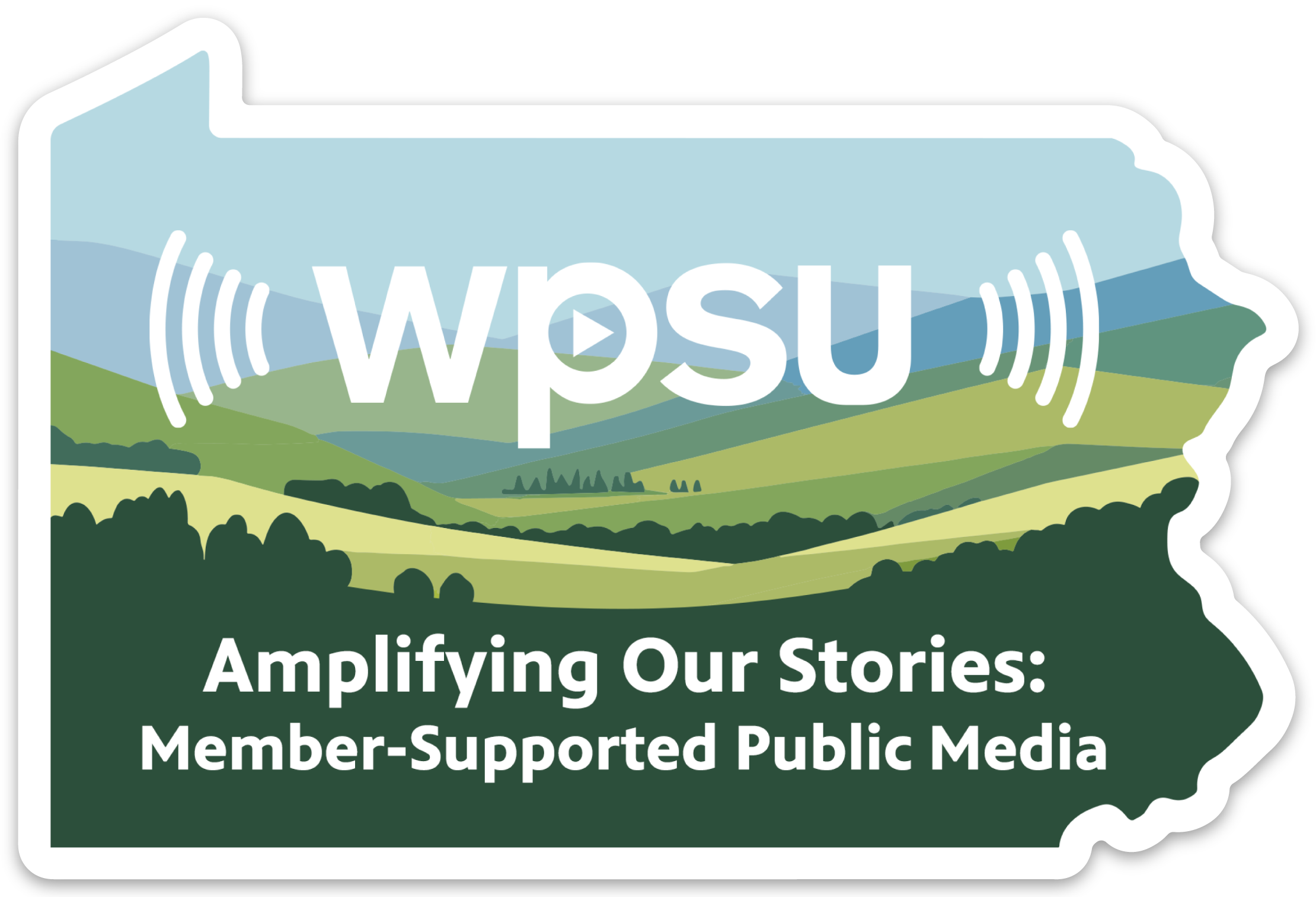 shape of Pennsylvania in shades of green depicting mountains with the wpsu logo in the center.