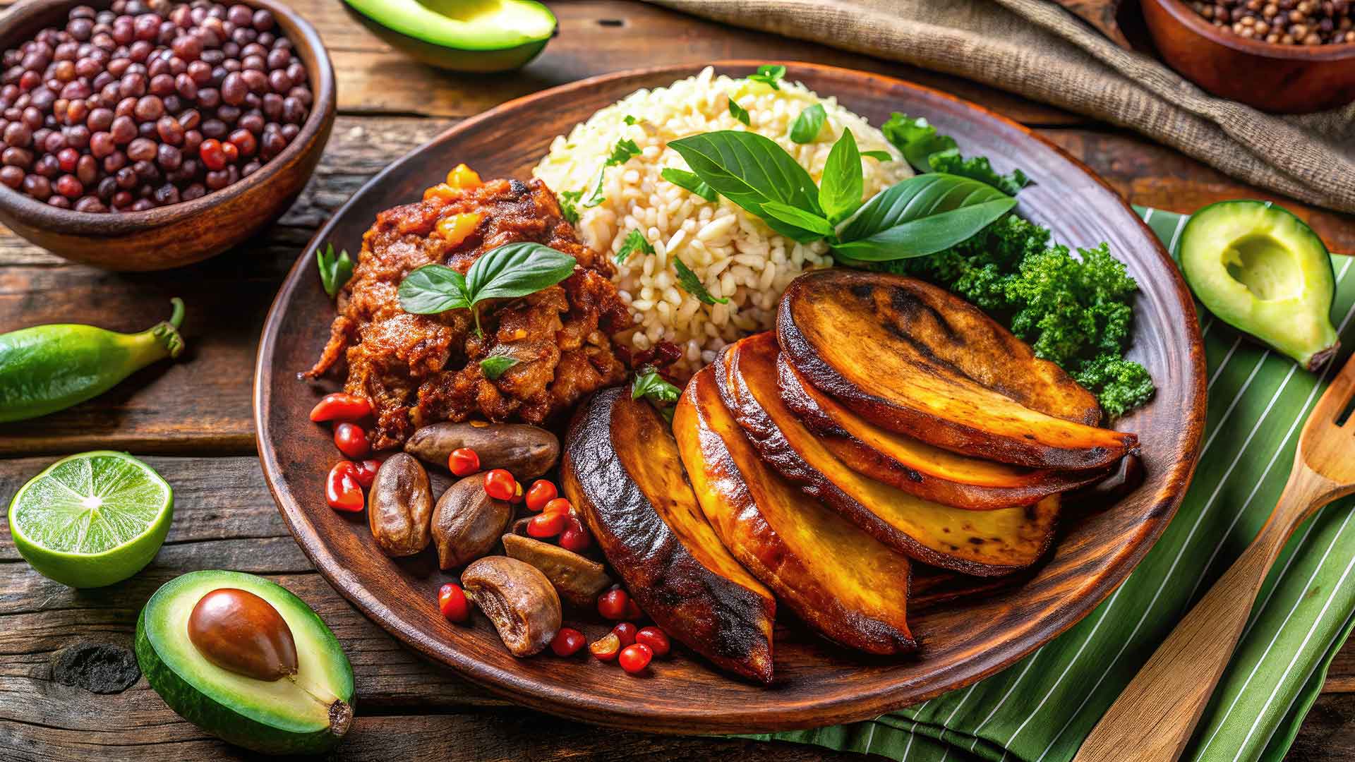 Gallo pinto on a plate garnished with avacode and lime slices.