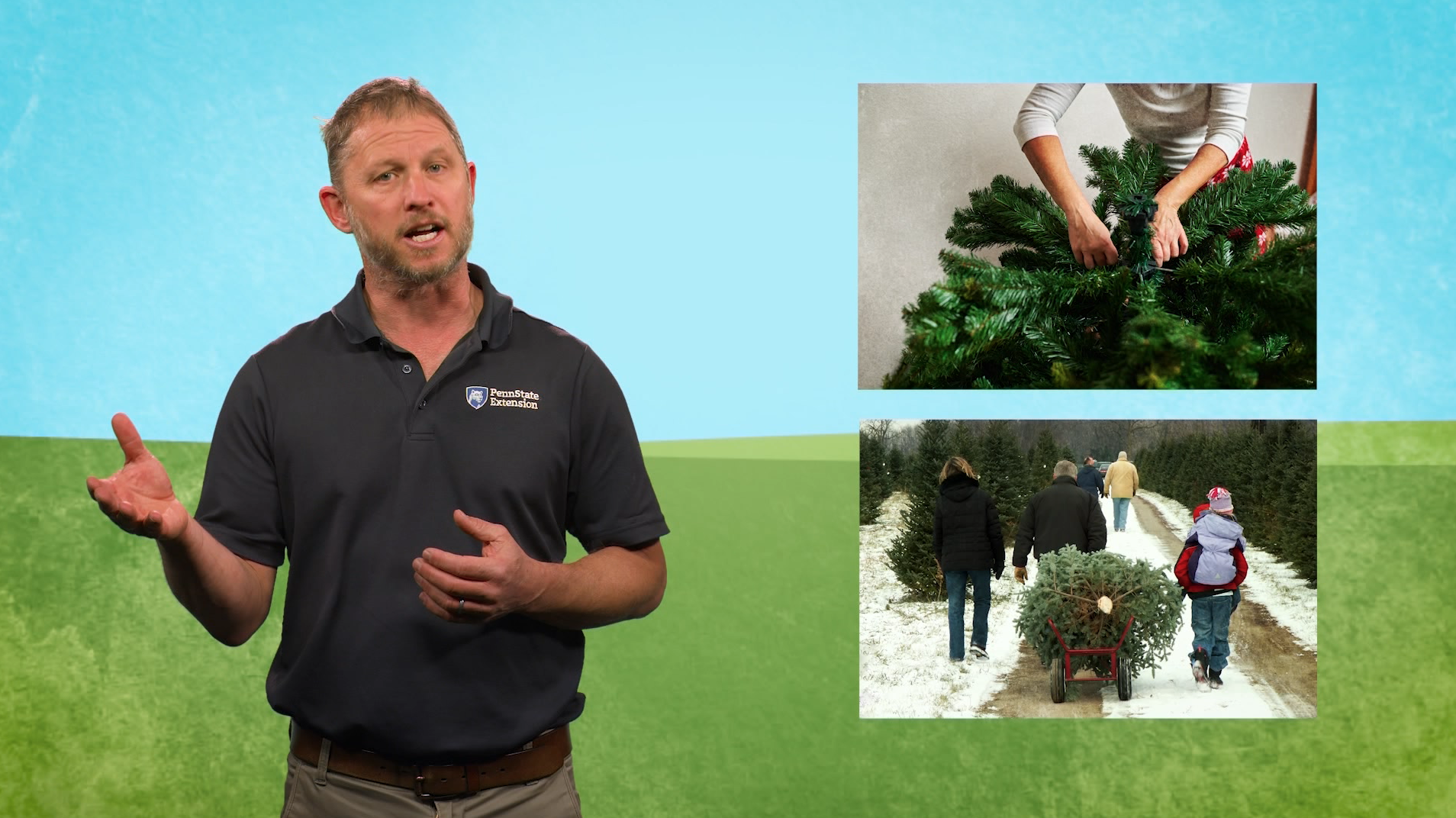 Host Tom Butzler standing in front of images of live Christmas trees.