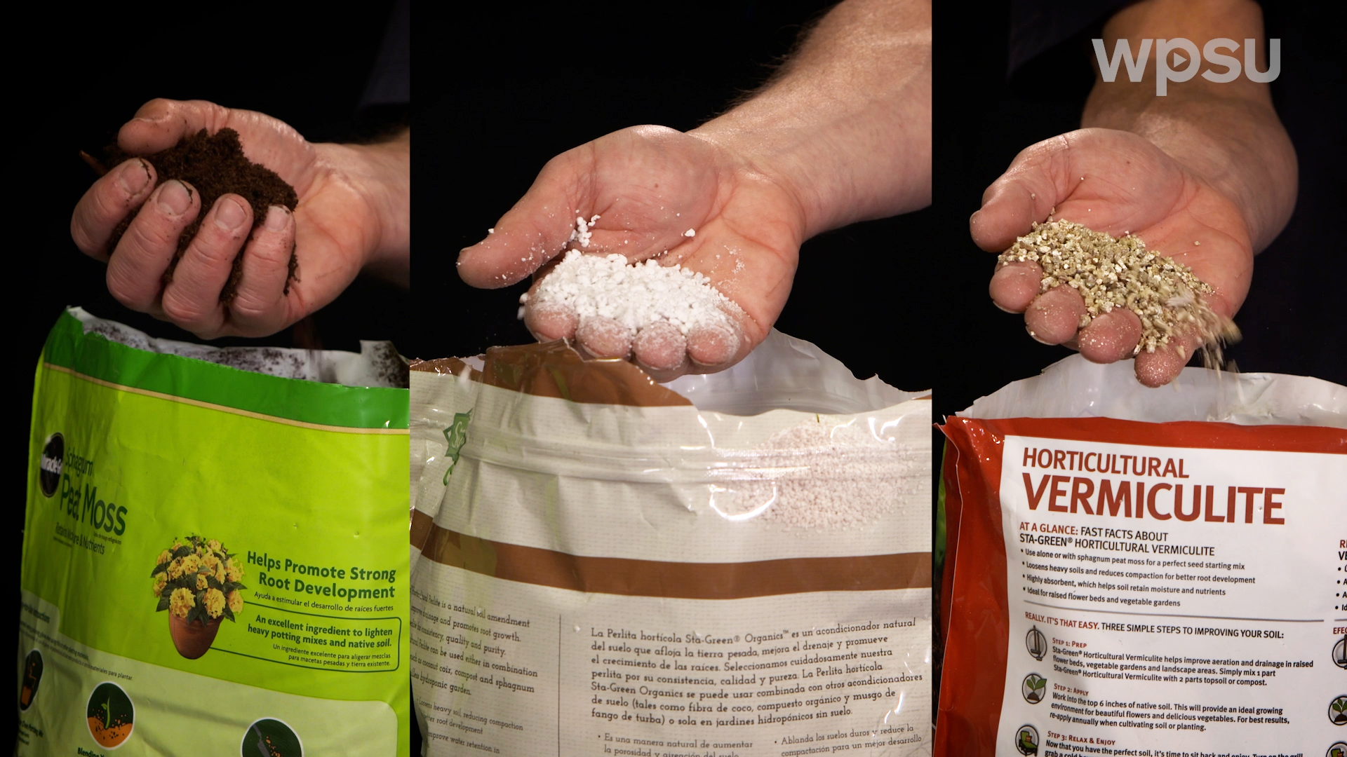 Images of ingredient bags to make potting mix, including perlite, vermiculite and peat moss.