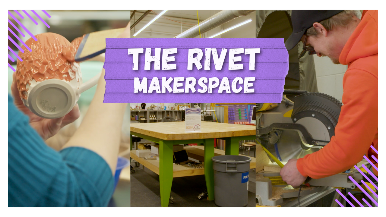Images of artists working at a makerspace, with the title "The Rivet makerspace"