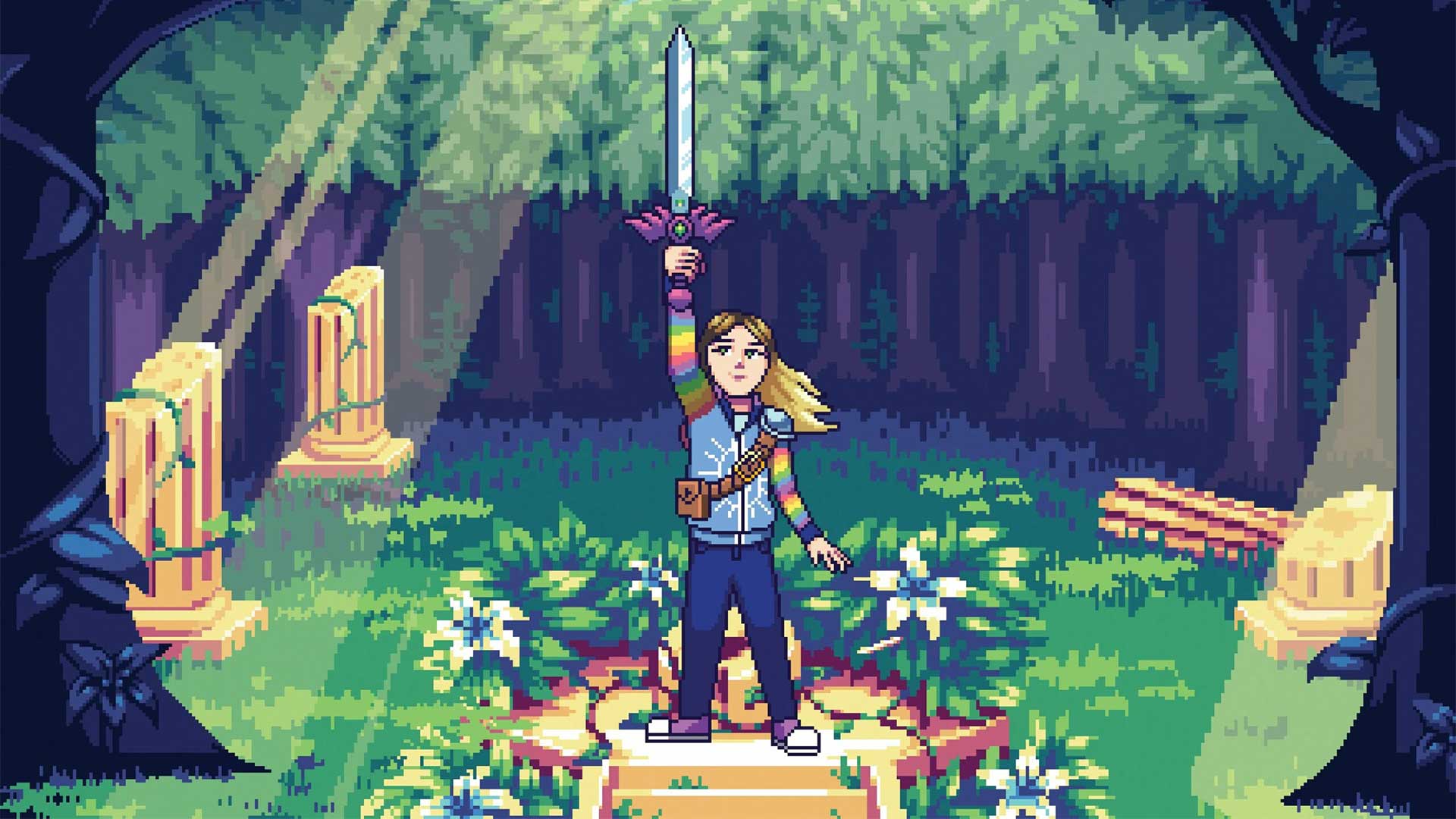 video game graphic style of person holding up a sword
